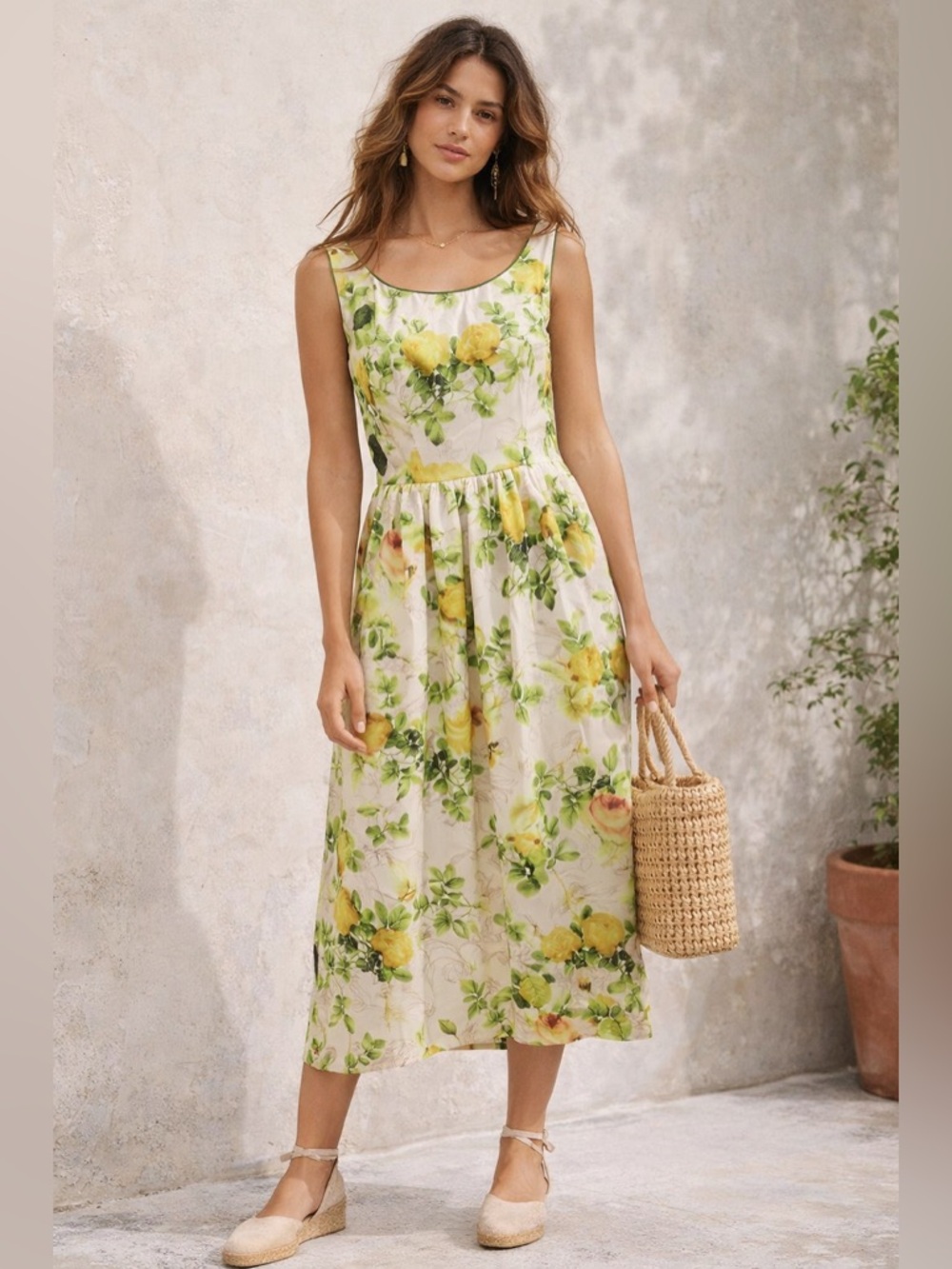 A-Line Yellow Rose Print Midi Dress | Vintage-Inspired Floral | Size Large